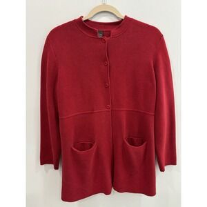 Eileen Fischer Red Silk Cotton Cardigan Jacket Women's M Pockets Quiet Luxury